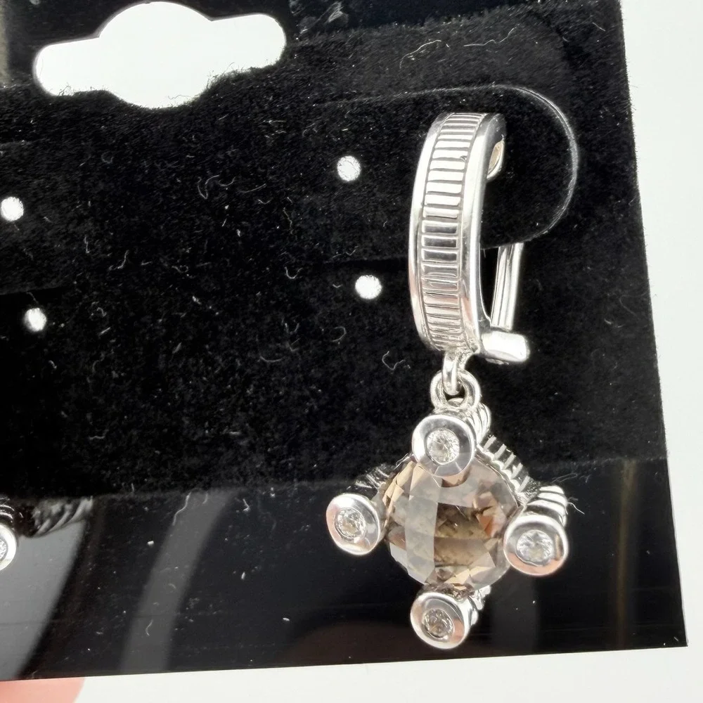 Judith Ripka Womens OS Silver Smoky Quartz CZ Drop Earrings Ribbed Texture